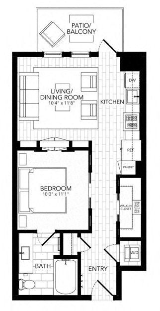 Floor plan for 1 bed, 1 bath, 612 sqft